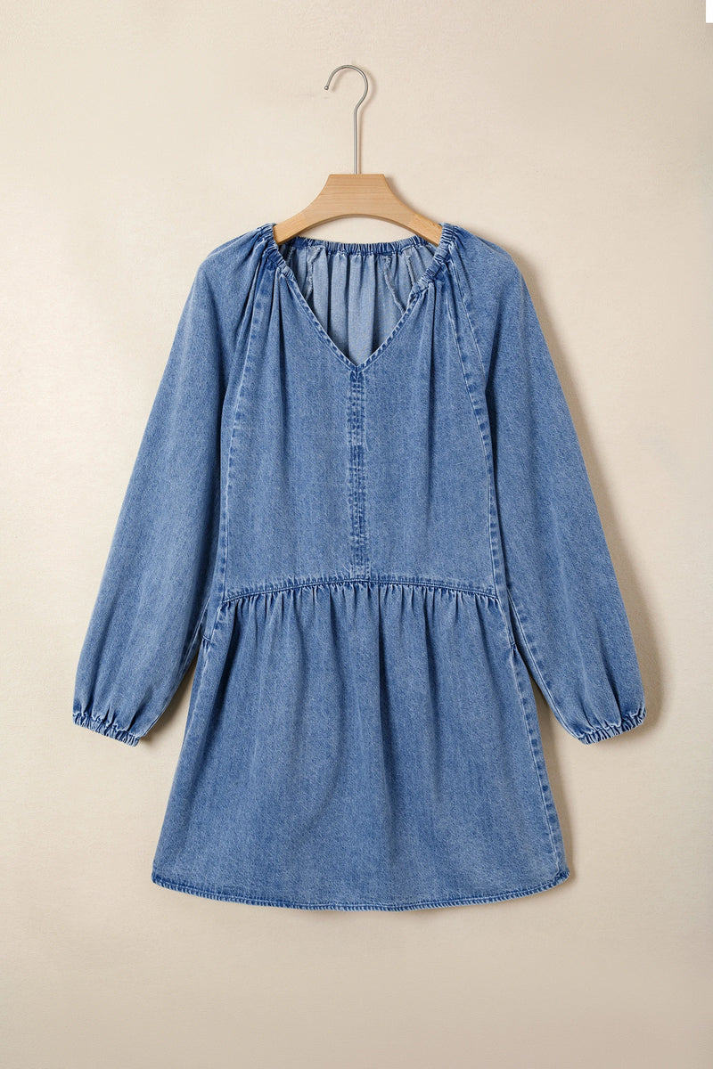 Load image into Gallery viewer, DLLS564 - Ladies Myosotis Puff Sleeve V Neck Ruffled Loose Denim Mini Dress
