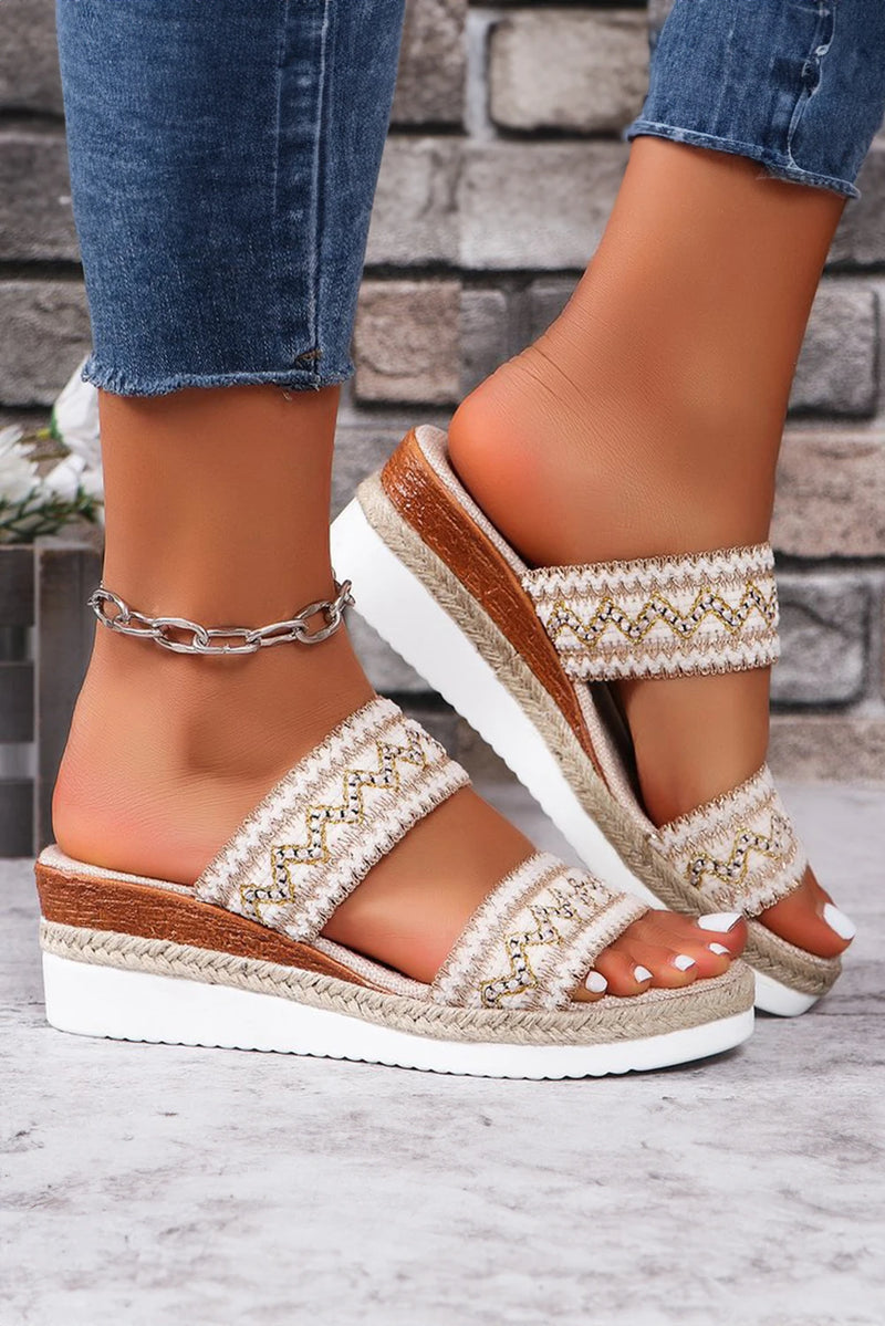 Load image into Gallery viewer, DLLSHOE 136 - Beige Crochet Dual Band Wedge Slippers

