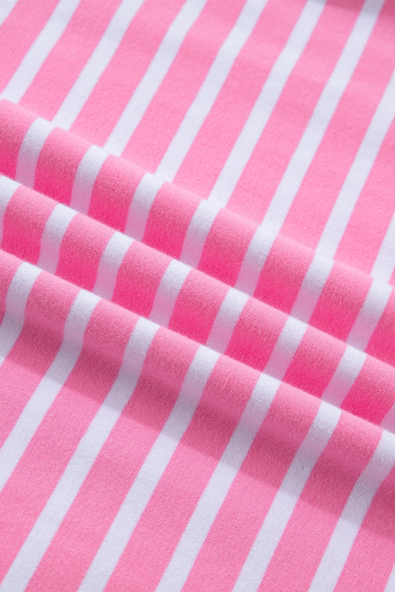 Load image into Gallery viewer, DLLS524 - Ladies Pink Stripe Round Neck Drop Shoulder Short Sleeve Loose Top
