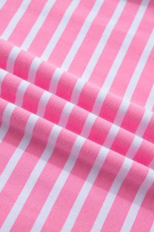 DLLS524 - Ladies Pink Stripe Round Neck Drop Shoulder Short Sleeve Loose Top