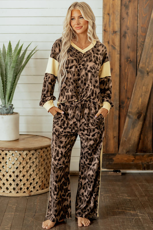 DLLS1086 - Ladies Brown Leopard Print Long Sleeve V-Neck Wide Leg Pant Set