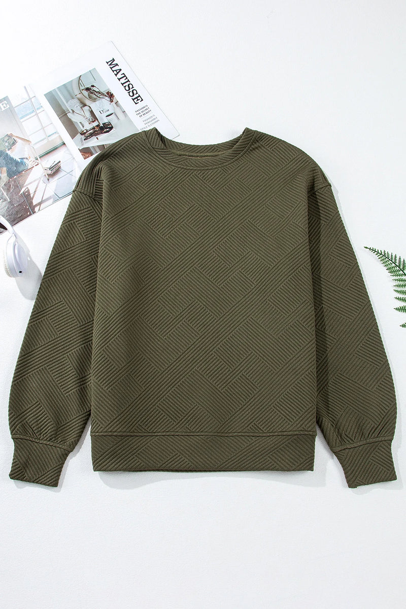 Load image into Gallery viewer, DLLS1133 - Ladies Green Textured Round Neck Drop Shoulder Pullover Sweatshirt

