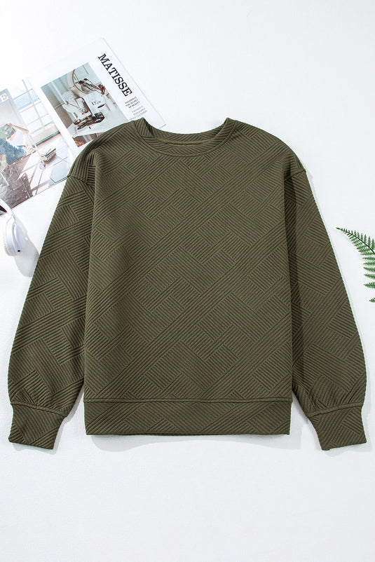 DLLS1133 - Ladies Green Textured Round Neck Drop Shoulder Pullover Sweatshirt
