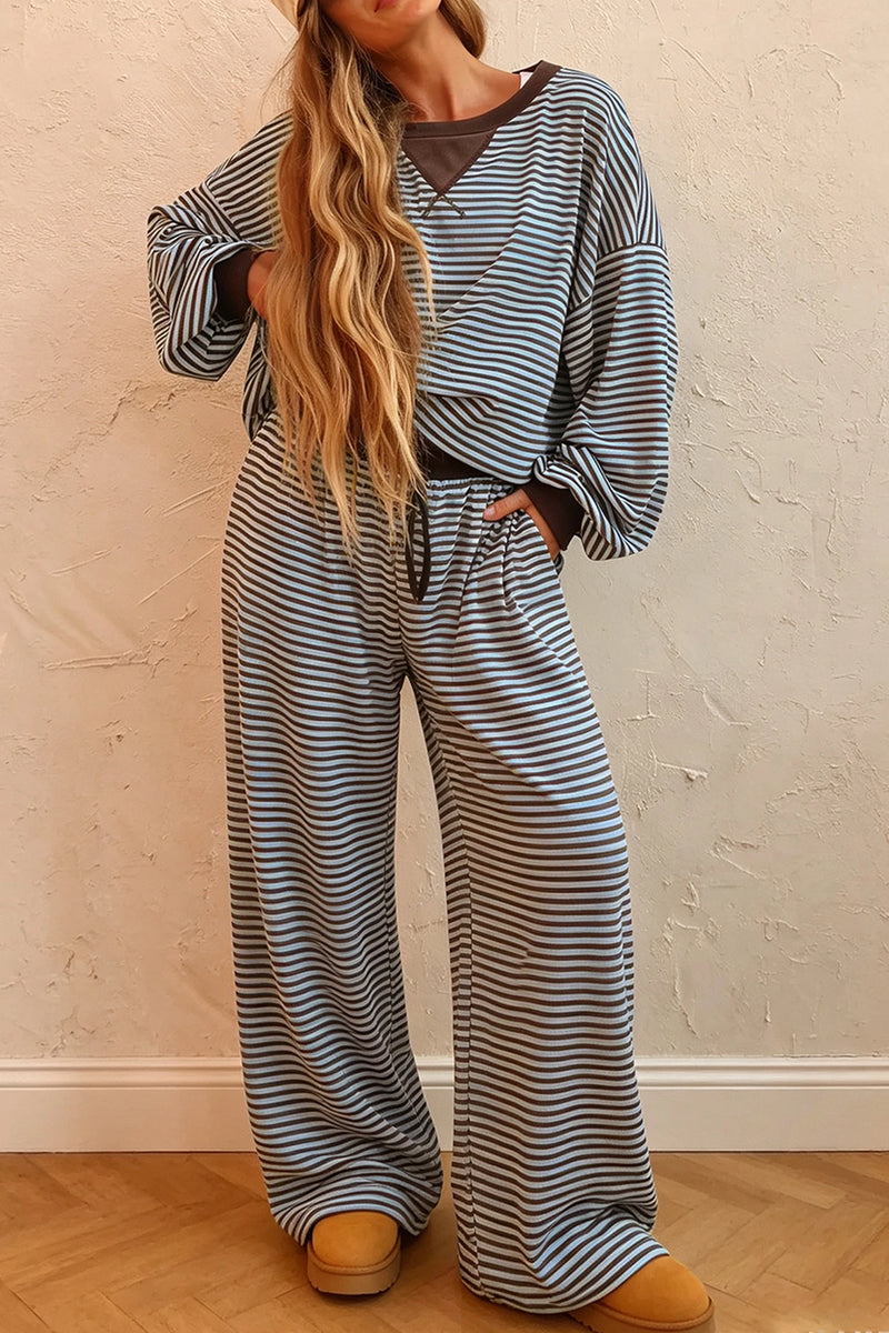 Load image into Gallery viewer, DLLS1053 - Ladies Brown Stripe Drop Shoulder Loose Top and Pants Two Piece Set
