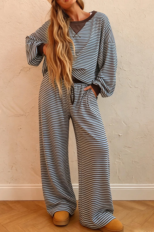 DLLS1053 - Ladies Brown Stripe Drop Shoulder Loose Top and Pants Two Piece Set
