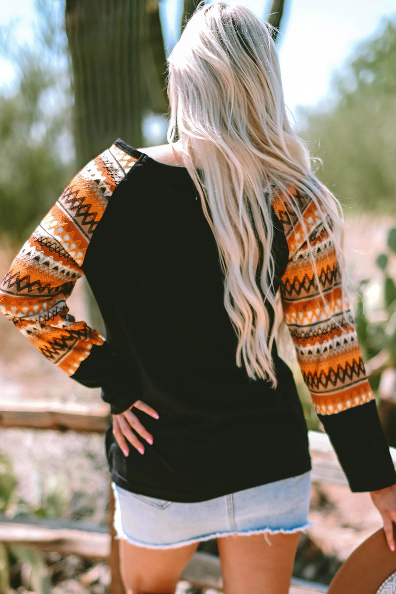 Load image into Gallery viewer, DLLS744 - Ladies Orange Geo Print Raglan Patchwork Long Sleeve Tee
