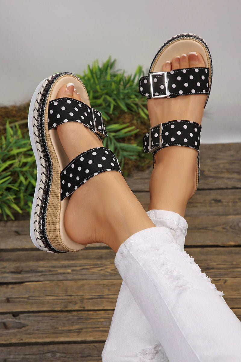Load image into Gallery viewer, DLLSHOE 174 - Color Black Polka Dot Pattern Double Buckle Straps Platform Slippers
