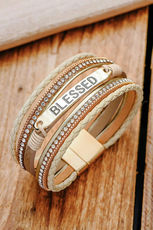 DLLBC 1 - Beige BLESSED Rhinestone Braided Detail Buckle Bracelet