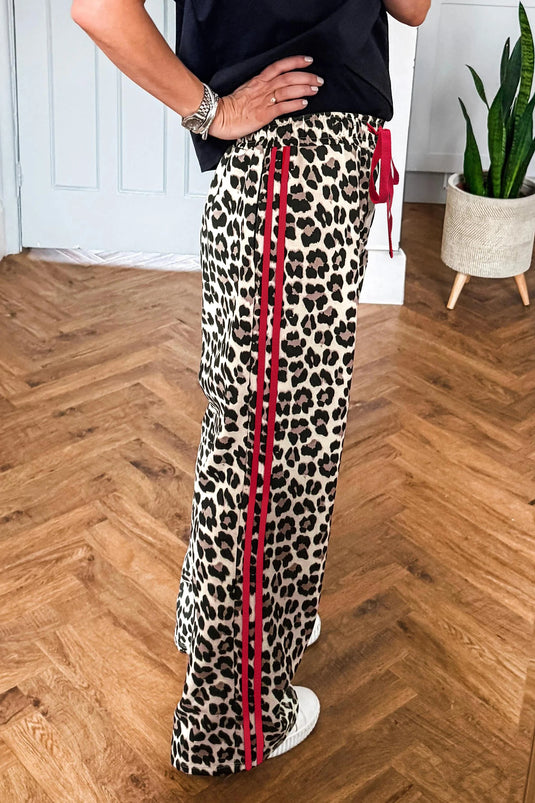 DLLS766 - Ladies Red Contrast Detail Tie Waist Leopard Print Casual Pants