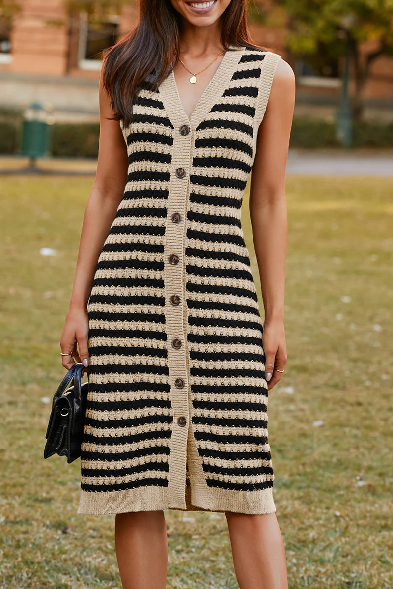 Load image into Gallery viewer, DLLS241 - Ladies Parchment Buttoned Front Pencil Midi Sleeveless Sweater Dress
