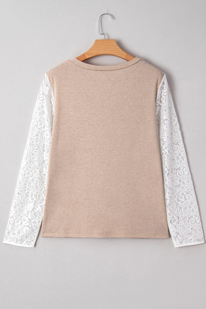 Load image into Gallery viewer, DLLS270 - Ladies Oatmeal V Neck Contrast Lace Patchwork Long Sleeve Top
