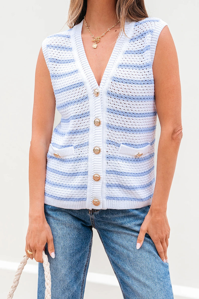 Load image into Gallery viewer, DLLS459 - Ladies Sky Blue Stripe V Neck Gold Buttons Elegant Sweater Vest
