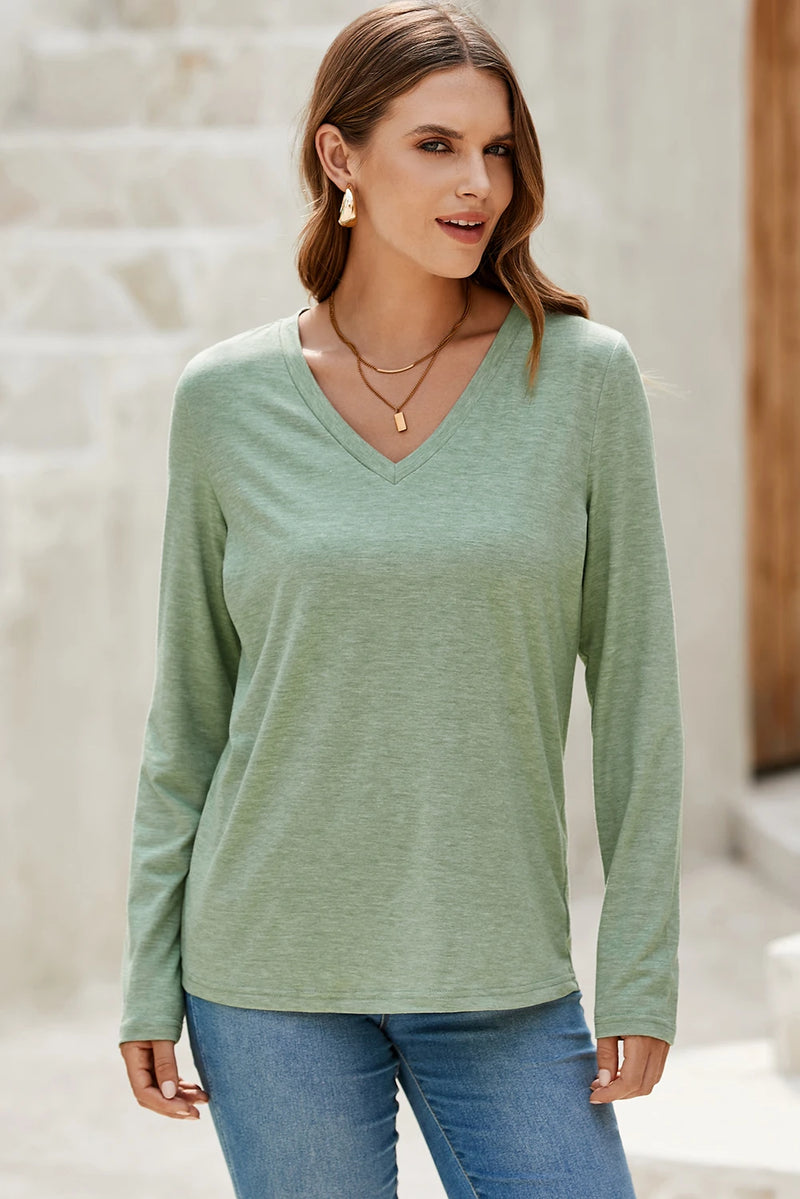 Load image into Gallery viewer, DLLS411 - Ladies Grass Green Solid Color V Neck Long Sleeve Stretchy Top
