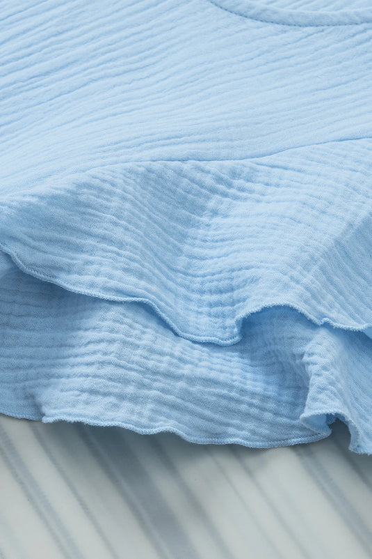 DLLS508 - Ladies Light Blue Crinkled Cotton Gauze Ruffle Sleeve Blouse