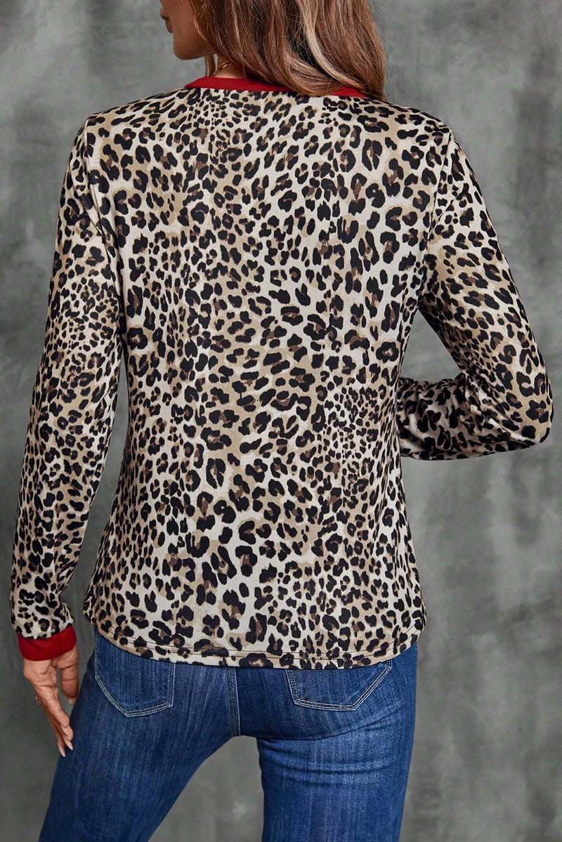 Load image into Gallery viewer, DLLS220 - Ladies Brown Leopard Print Contrast Trim Round Neck Long Sleeve Top
