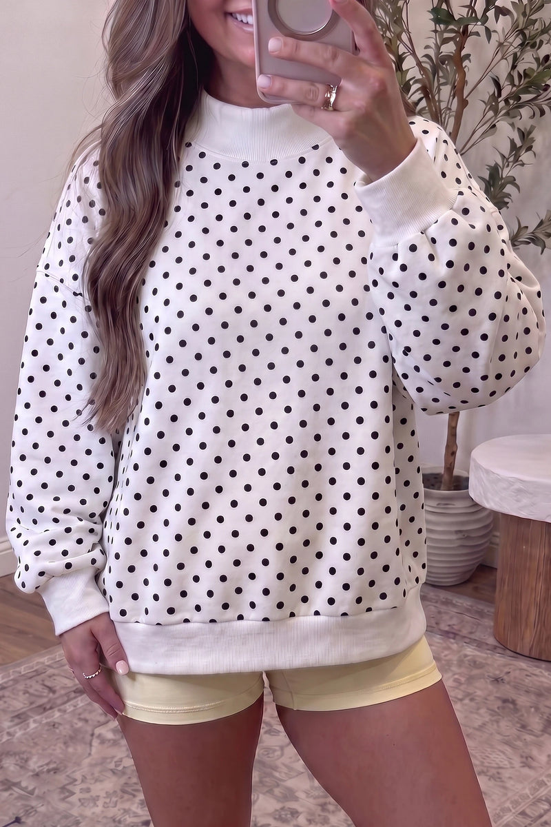 Load image into Gallery viewer, DLLS1143 - Ladies White Casual Polka Dot Mock Neck Sweatshirt

