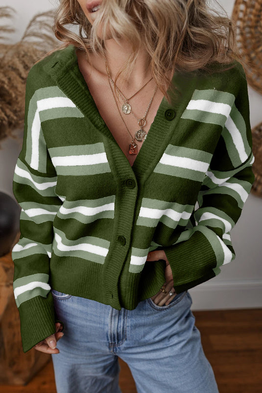 DLLS290 - Ladies Green Stripe Drop Shoulder Buttons Cardigan Sweater