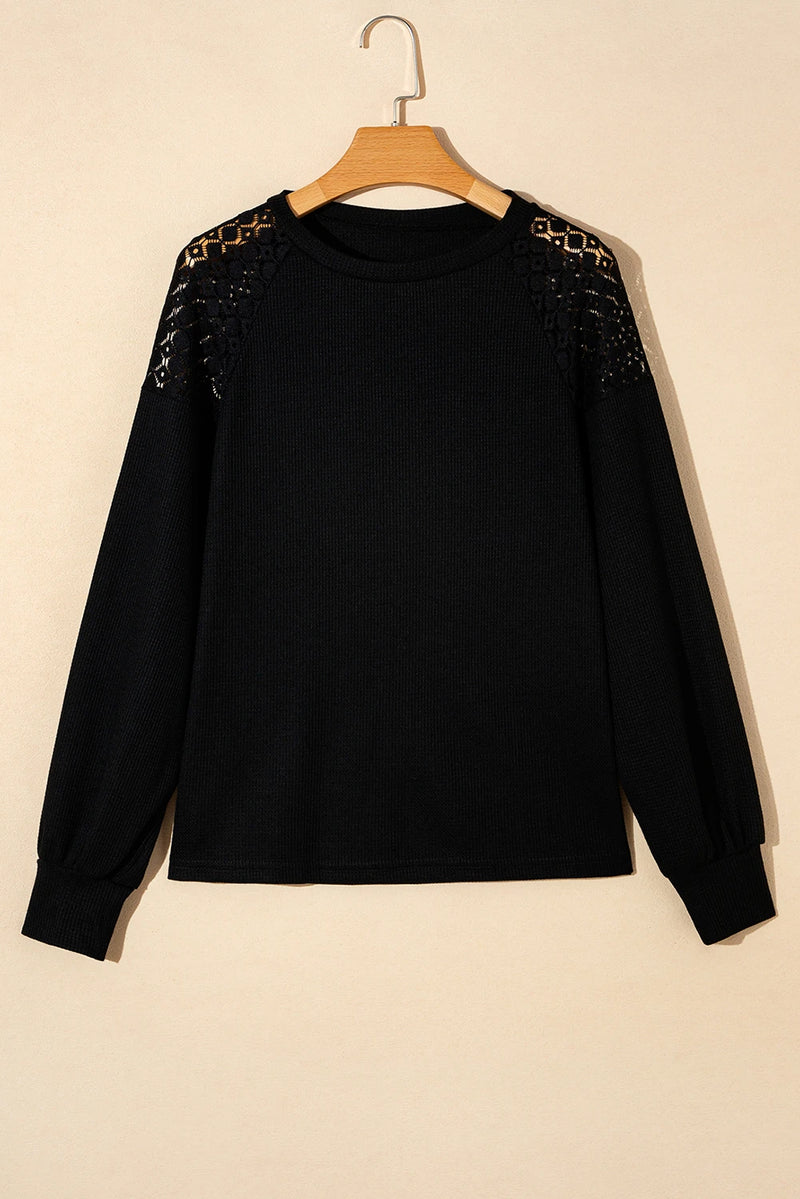 Load image into Gallery viewer, DLLS205 - Ladies Black Lace Long Sleeve Textured Pullover

