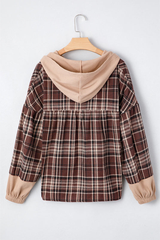 DLLS327 - Ladies Brown Plaid Patchwork Long Sleeve Button Hooded Blouse