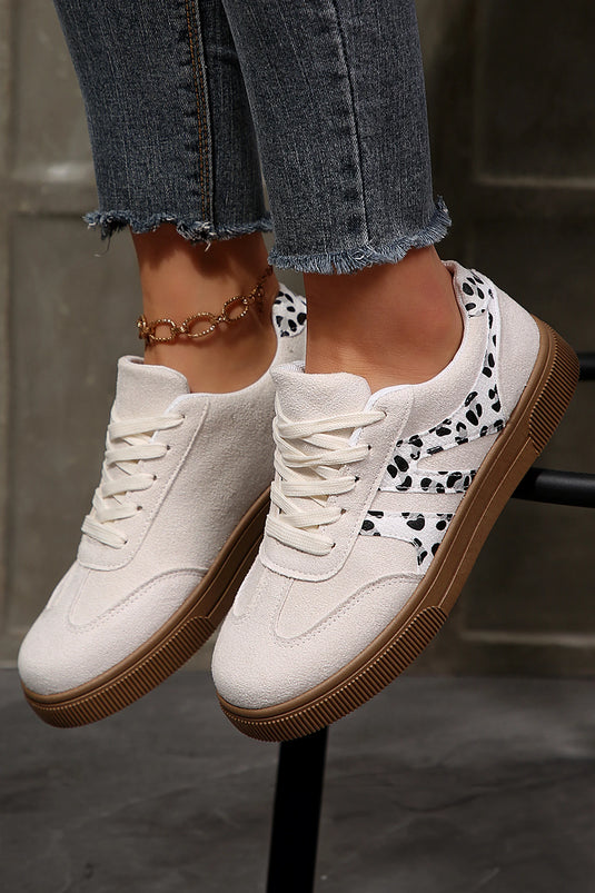 DLLSHOE 82 - White Suede Leopard Color Block Trim Lace-up Casual Shoes