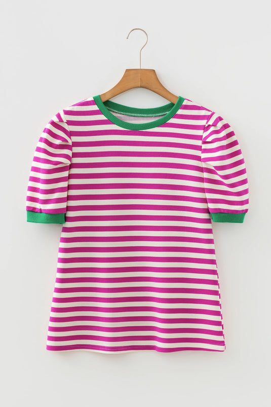 DLLS539 - Ladies Rose Stripe Short Puff Sleeve Contrast Trim Round Neck Tee