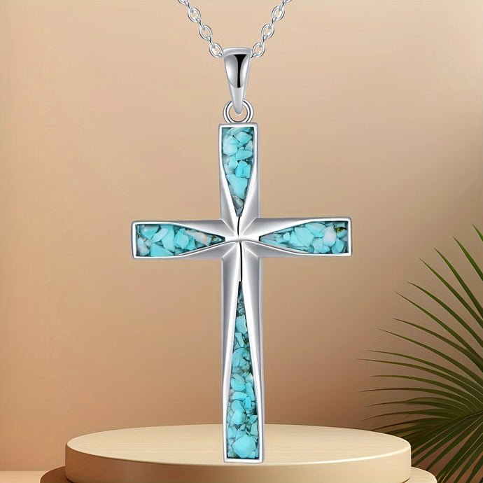TMNK11 - Stainless Steel Turquoise Inlay Cross Necklace