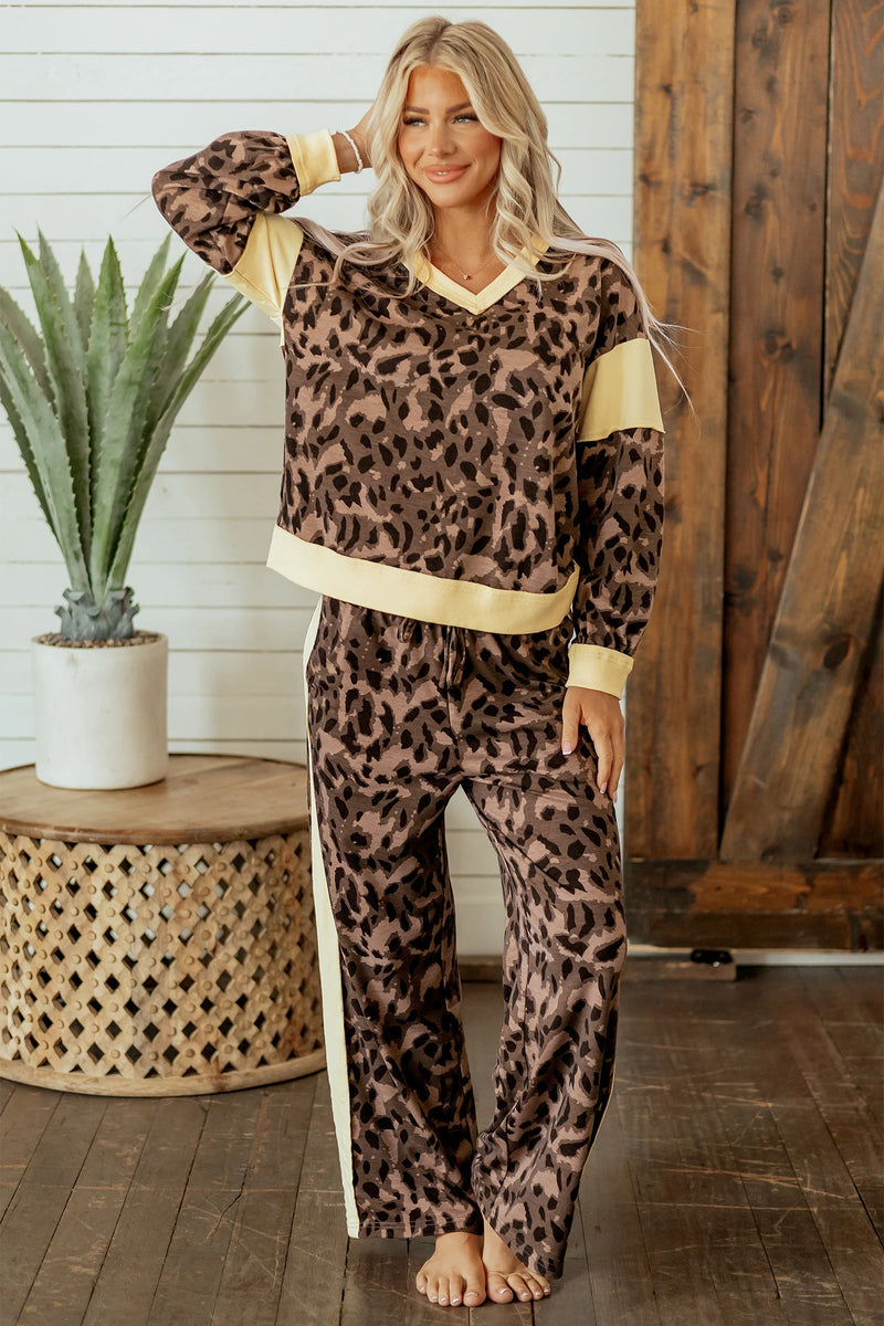 Load image into Gallery viewer, DLLS1086 - Ladies Brown Leopard Print Long Sleeve V-Neck Wide Leg Pant Set
