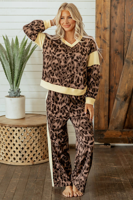 DLLS1086 - Ladies Brown Leopard Print Long Sleeve V-Neck Wide Leg Pant Set