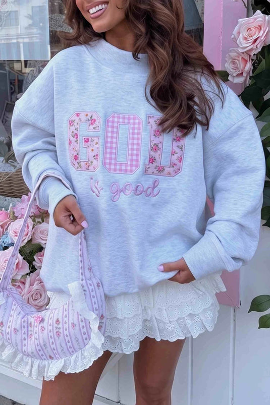 DLLS867 - Ladies Light Grey GOD IS GOOD Letter Print Crewneck Pullover Sweatshirt