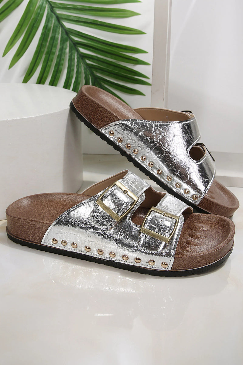 Load image into Gallery viewer, DLLSHOE 107 - Silvery Retro Buckle Cutout Straps PU Leather Studded Slippers
