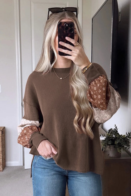 DLLS725 - Ladies Coffee Floral Print Colorblock Long Sleeve Loose Pullover Tunic Top