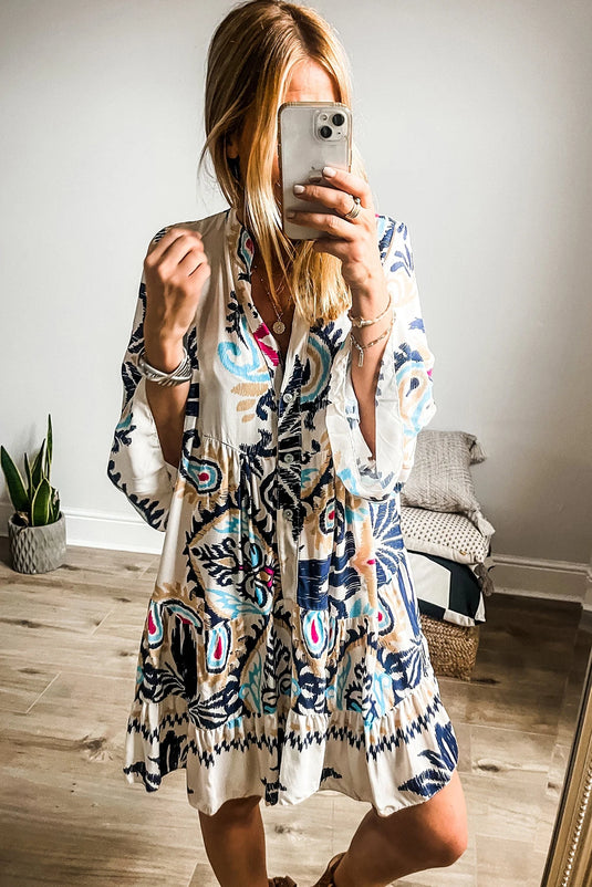 DLLS447 - Ladies White Printed Tribal Bracelet Sleeve Buttoned Mini Dress