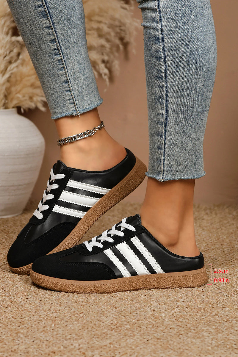 Load image into Gallery viewer, DLLSHOE 149 - Color Black PU Leather Color Block Varsity Lace Up Flat Shoes
