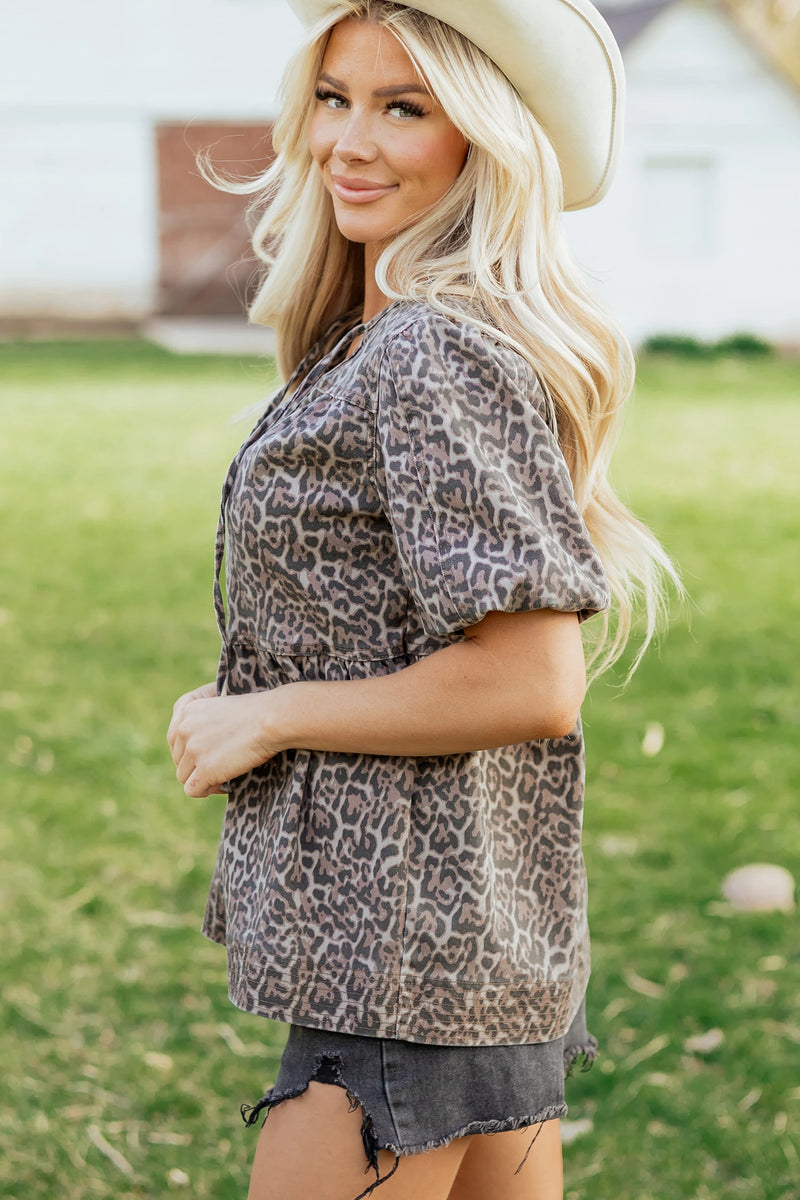 Load image into Gallery viewer, DLLS940 - Ladies Brown Leopard Tie Neck Short Puff Sleeve Denim Babydoll Top
