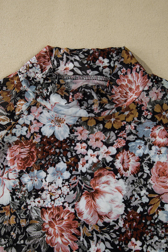 DLLS122 - Ladies Brown Floral Long Sleeve High Neck Sheath Mesh Blouse