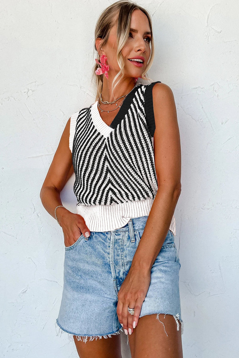 Load image into Gallery viewer, DLLS340 -  Ladies Black Contrast Chevron Knit V Neck Sweater Vest
