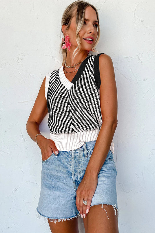 DLLS340 -  Ladies Black Contrast Chevron Knit V Neck Sweater Vest