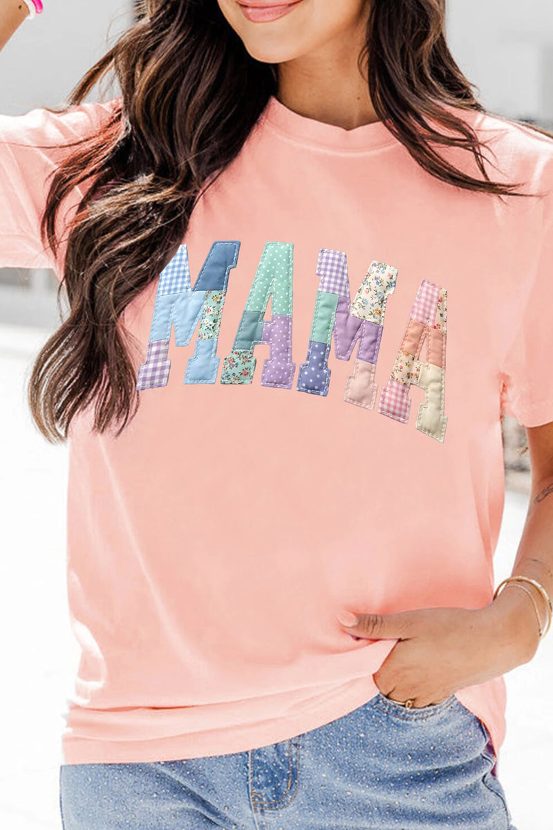 Load image into Gallery viewer, DLLS549 - Ladies Pink Faux Patchwork Print Floral MAMA Lettering T Shirt
