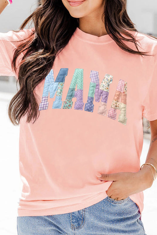 DLLS549 - Ladies Pink Faux Patchwork Print Floral MAMA Lettering T Shirt