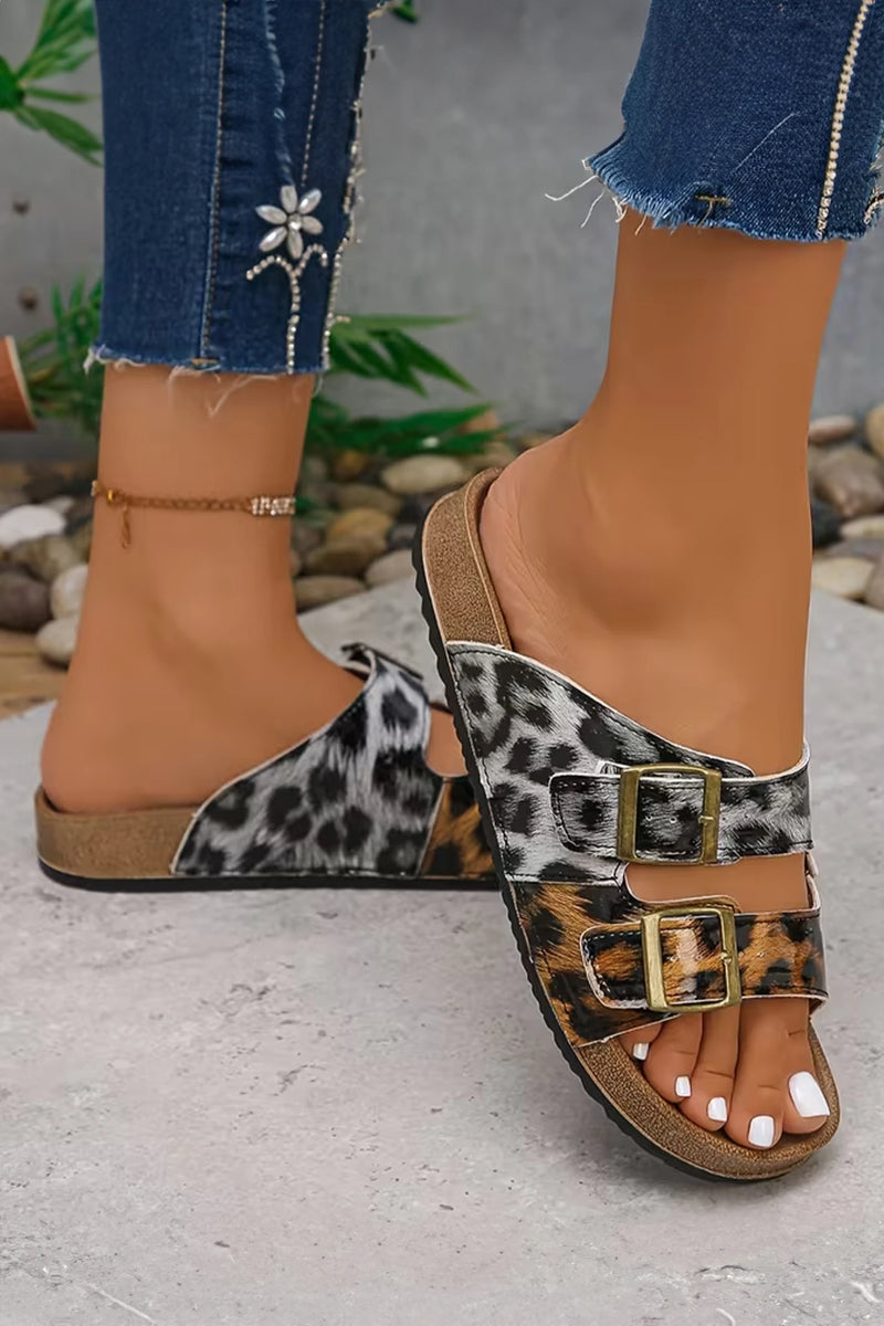 Load image into Gallery viewer, DLLSHOE 29 - Light Leopard Two-Tone Retro Buckle Straps Hollowed Faux Suede Slippers
