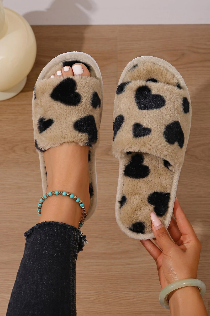 Load image into Gallery viewer, DLLSHOE 179 - Light French Beige Plush Heart-shape Spots Printed Open Toe Slippers
