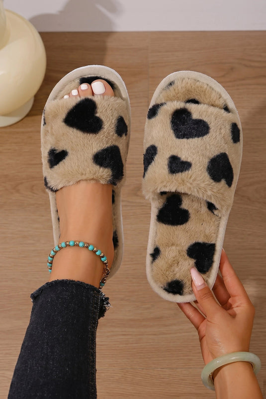 DLLSHOE 179 - Light French Beige Plush Heart-shape Spots Printed Open Toe Slippers