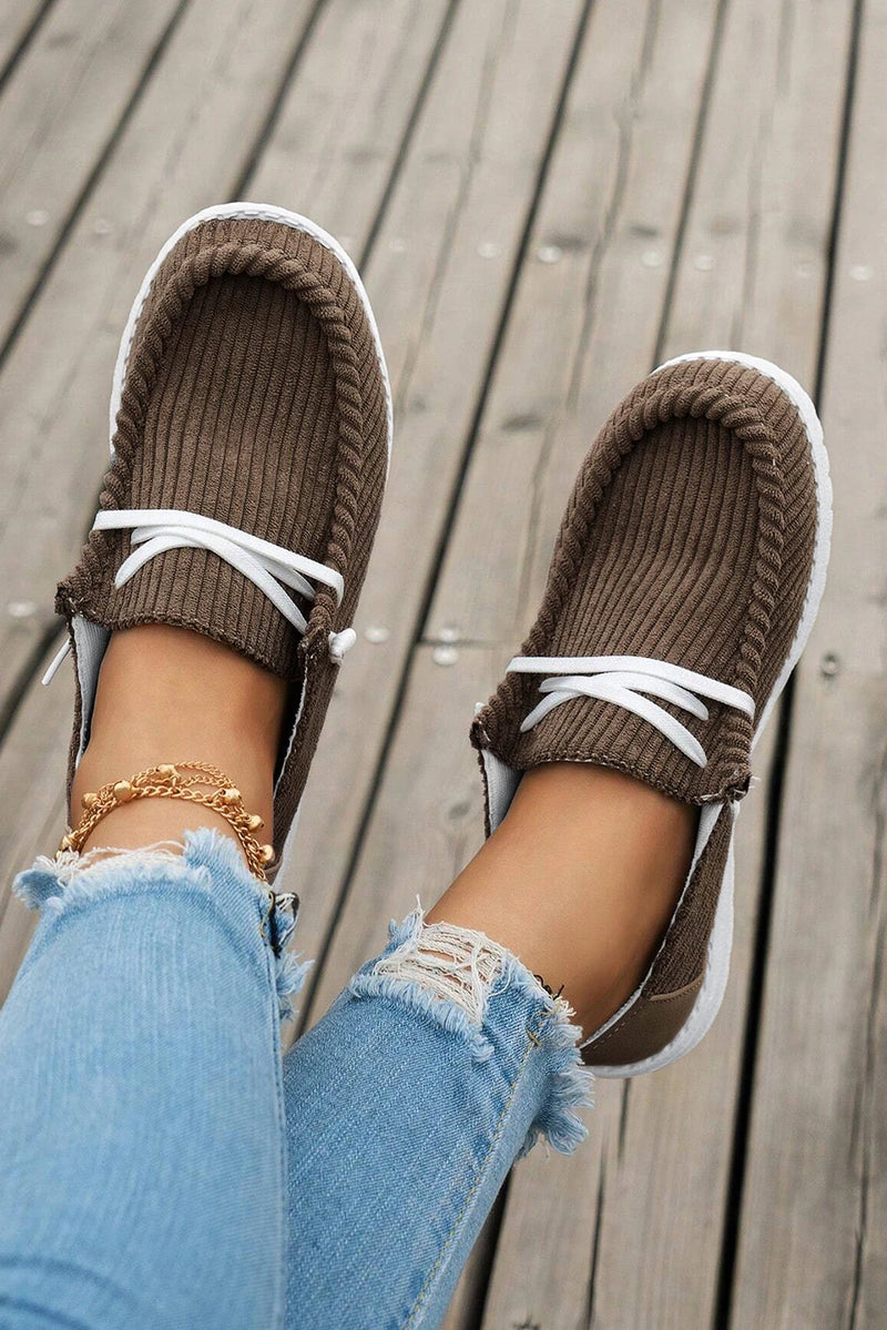 Load image into Gallery viewer, DLLSHOE 43  - Coffee Solid Ribbed Criss Cross Slip On Casual Shoes
