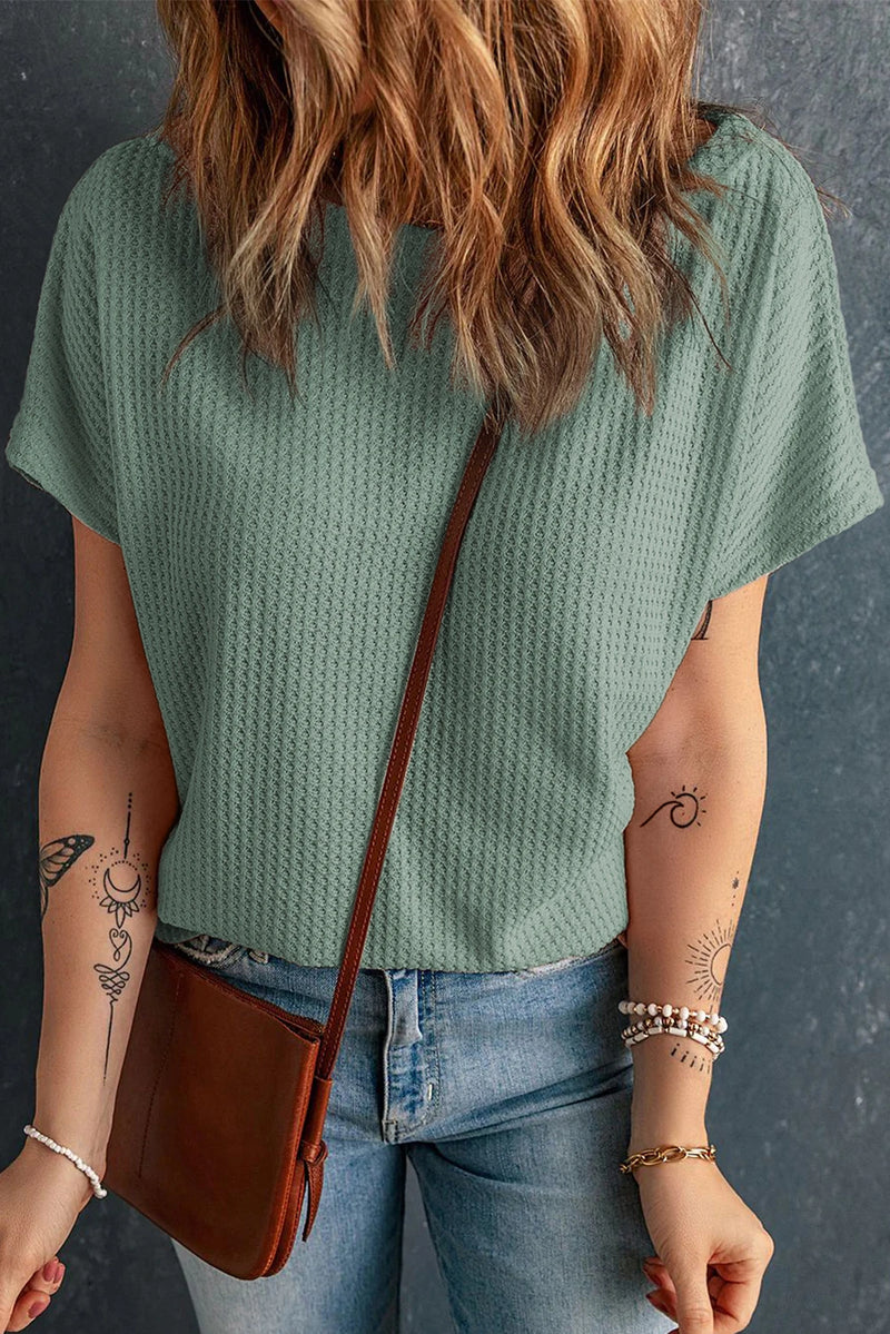 Load image into Gallery viewer, DLLS492 - Ladies Mist Green Waffle Knit Boat Neck Short Sleeve Top
