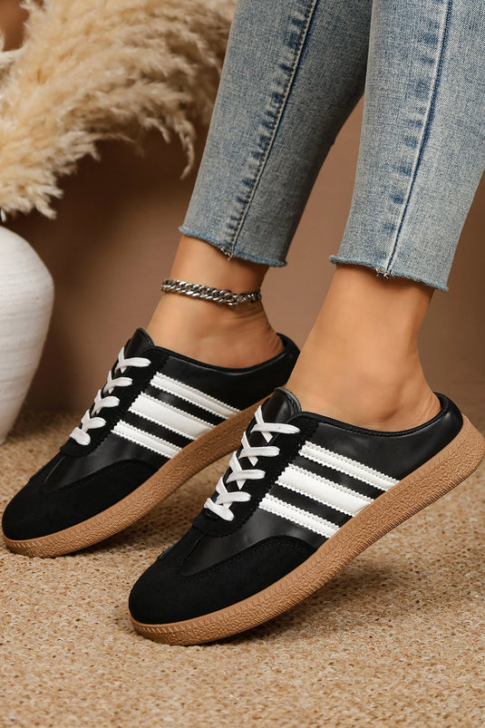 DLLSHOE 149 - Color Black PU Leather Color Block Varsity Lace Up Flat Shoes
