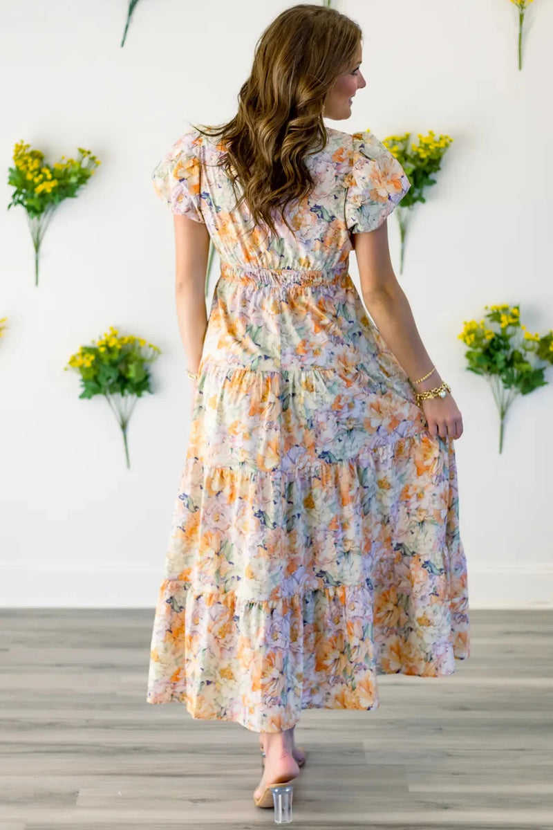 Load image into Gallery viewer, DLLS607 - Ladies Orange Floral Bubble Sleeve V Neck Flared Maxi Dress
