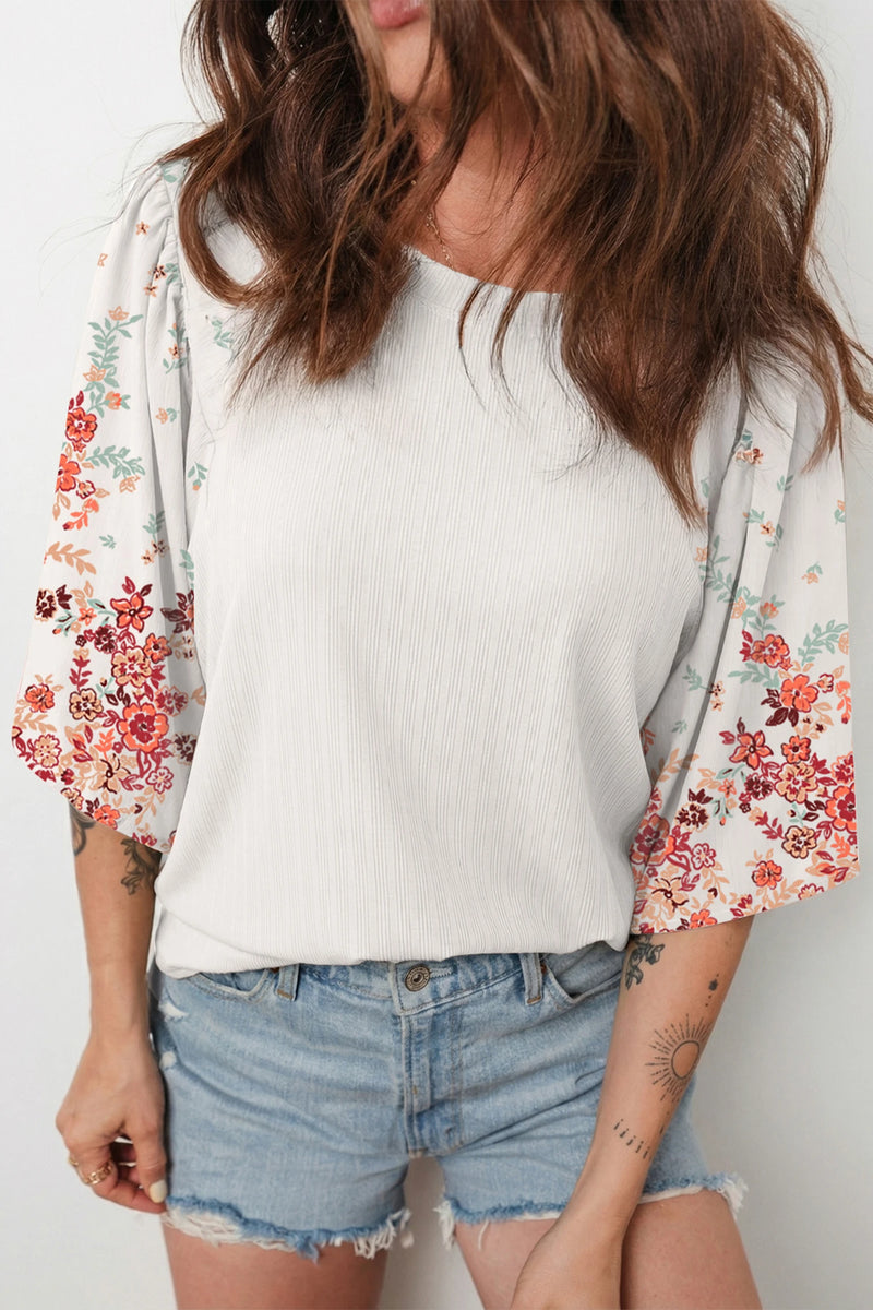 Load image into Gallery viewer, DLLS514 - Ladies White Ribbed Texture Floral Print Half Sleeve Patchwork Top
