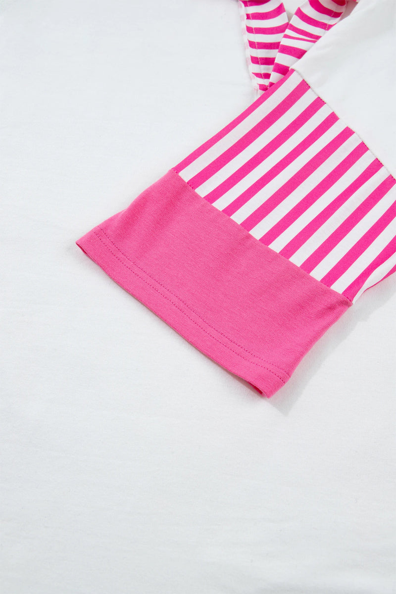 Load image into Gallery viewer, DLLS475 - Ladies White Striped Color Block Patchwork Half Sleeve T Shirt
