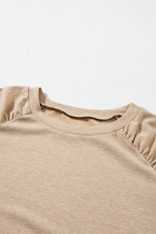 DLLS275 - Ladies Pale Khaki Solid Ruched Raglan Sleeve Knit Top