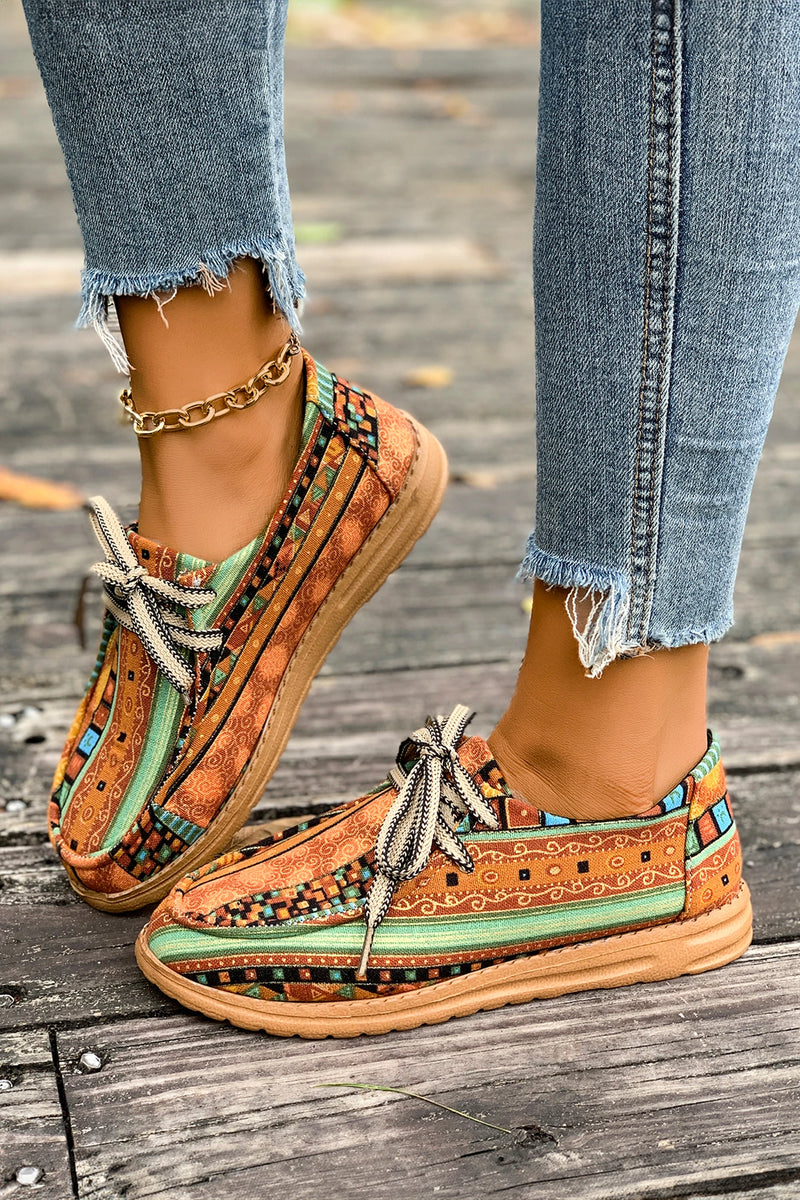 Load image into Gallery viewer, DLLSHOE 6 - Mustard Ethnic Artistic Print Lace-Up Detail Comfort Loafer Shoes
